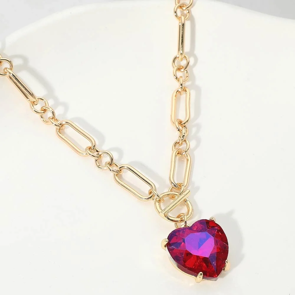 Ab Fuchsia Heart Toggle Paperclip Link Crystal Pendant Necklace Jewelry Chain